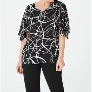 Dennis Basso Printed Woven V-Neck Top Black/White Medium